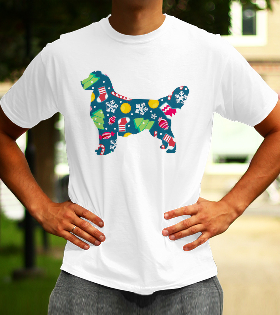 Golden Retriever Christmas Pattern With Snowflakes, Trees, Ornaments, And Stockings For Dog Lovers T-Shirt