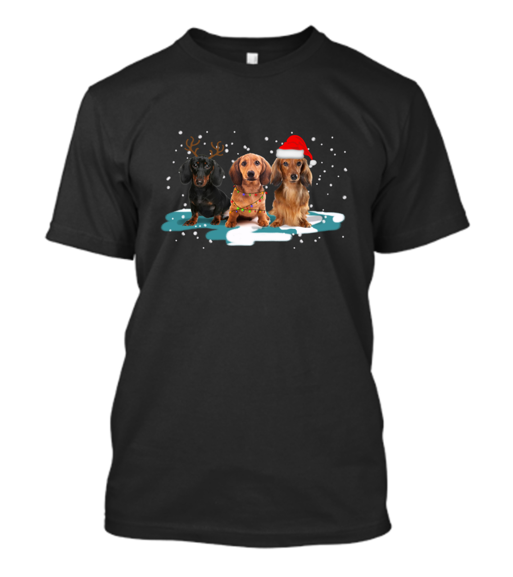Dachshund Christmas Trio With Antlers And Santa Hat In Snowy Scene T-Shirt