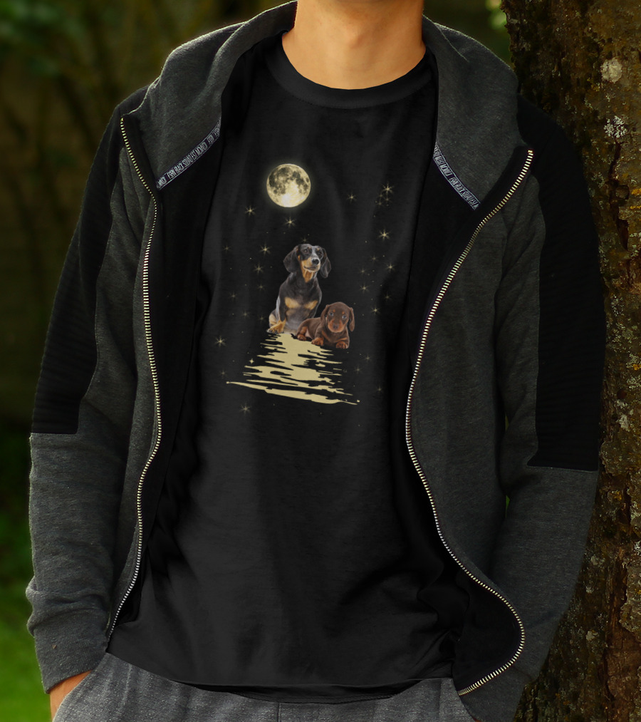 Dachshund Moonlight Reflections With Starry Night Sky T-Shirt