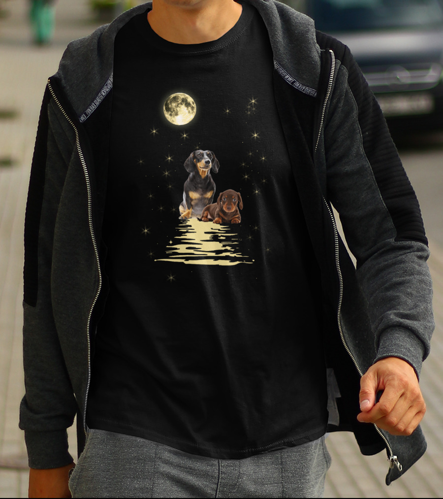 Dachshund Moonlight Reflections With Starry Night Sky T-Shirt