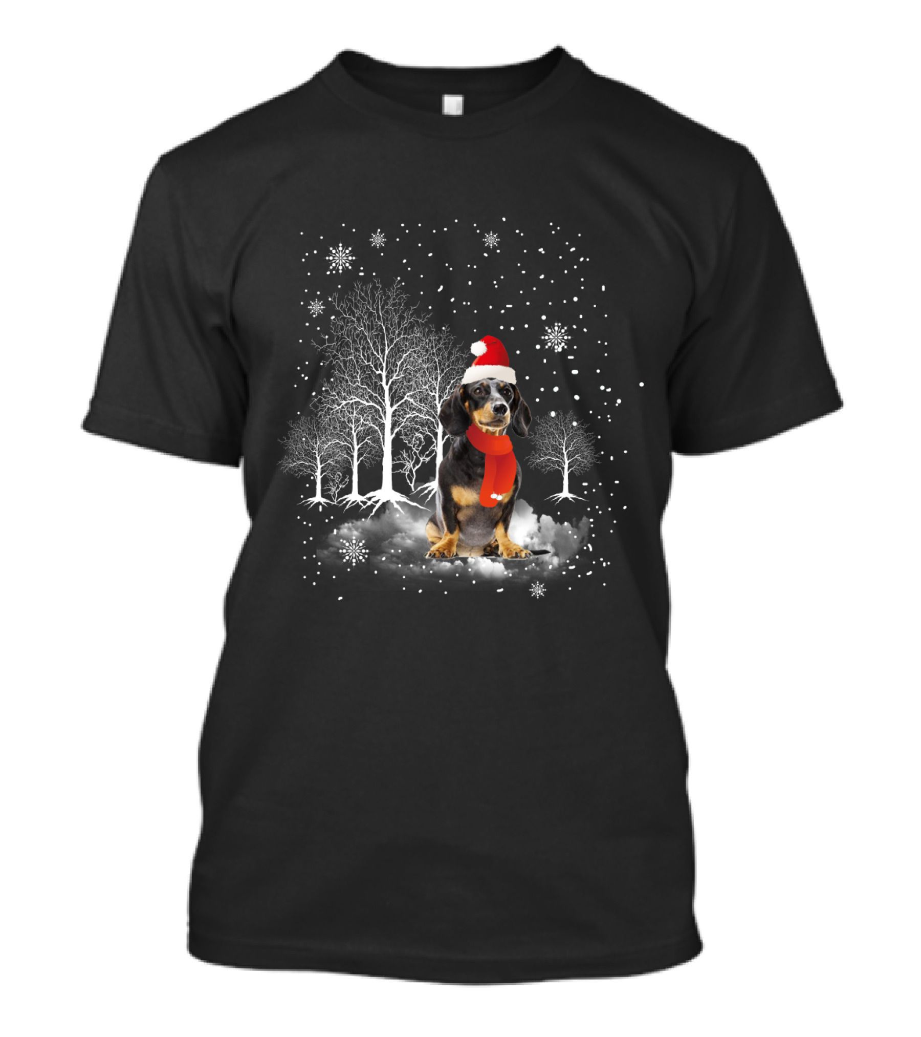 Dachshund Retriever In Santa Hat With Snowflakes And Winter Trees T-Shirt