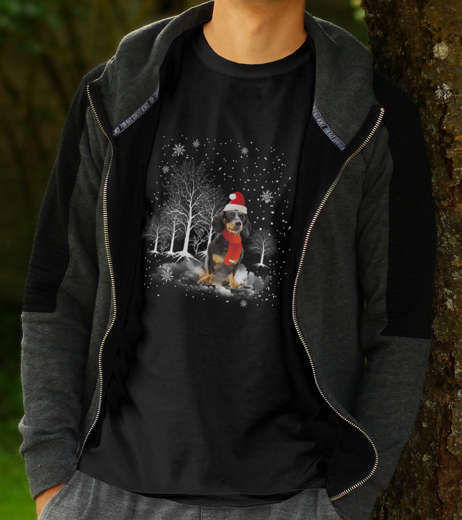 Dachshund Retriever In Santa Hat With Snowflakes And Winter Trees T-Shirt