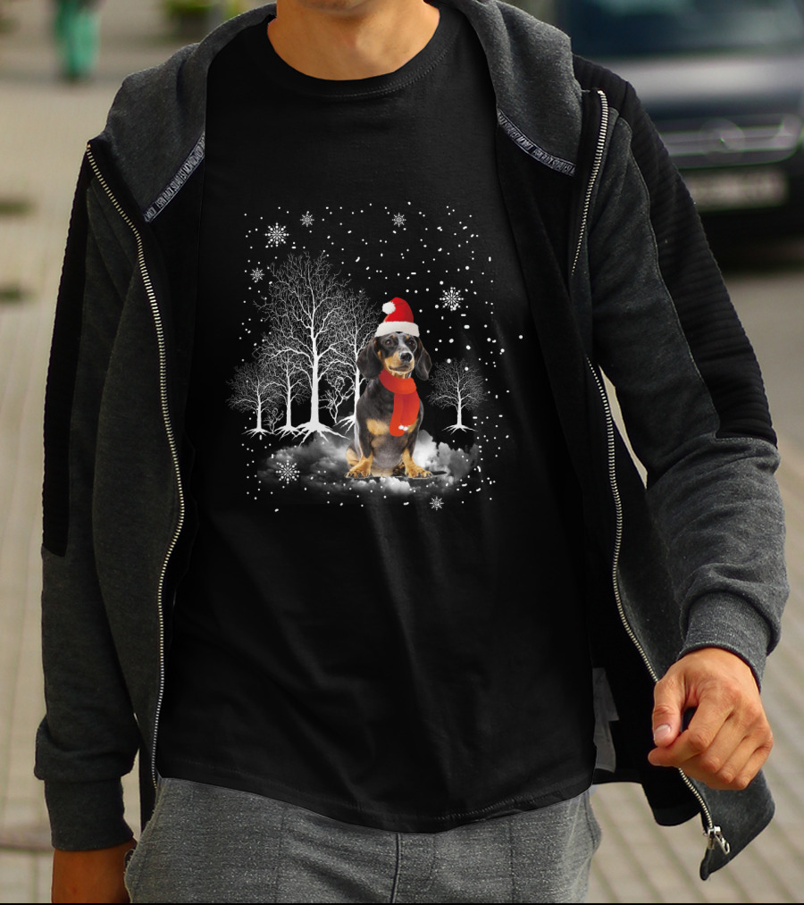 Dachshund Retriever In Santa Hat With Snowflakes And Winter Trees T-Shirt