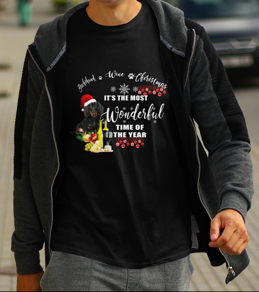 Dachshund Wine Christmas It's The Most Wonderful Time Of The Year T-Shirt