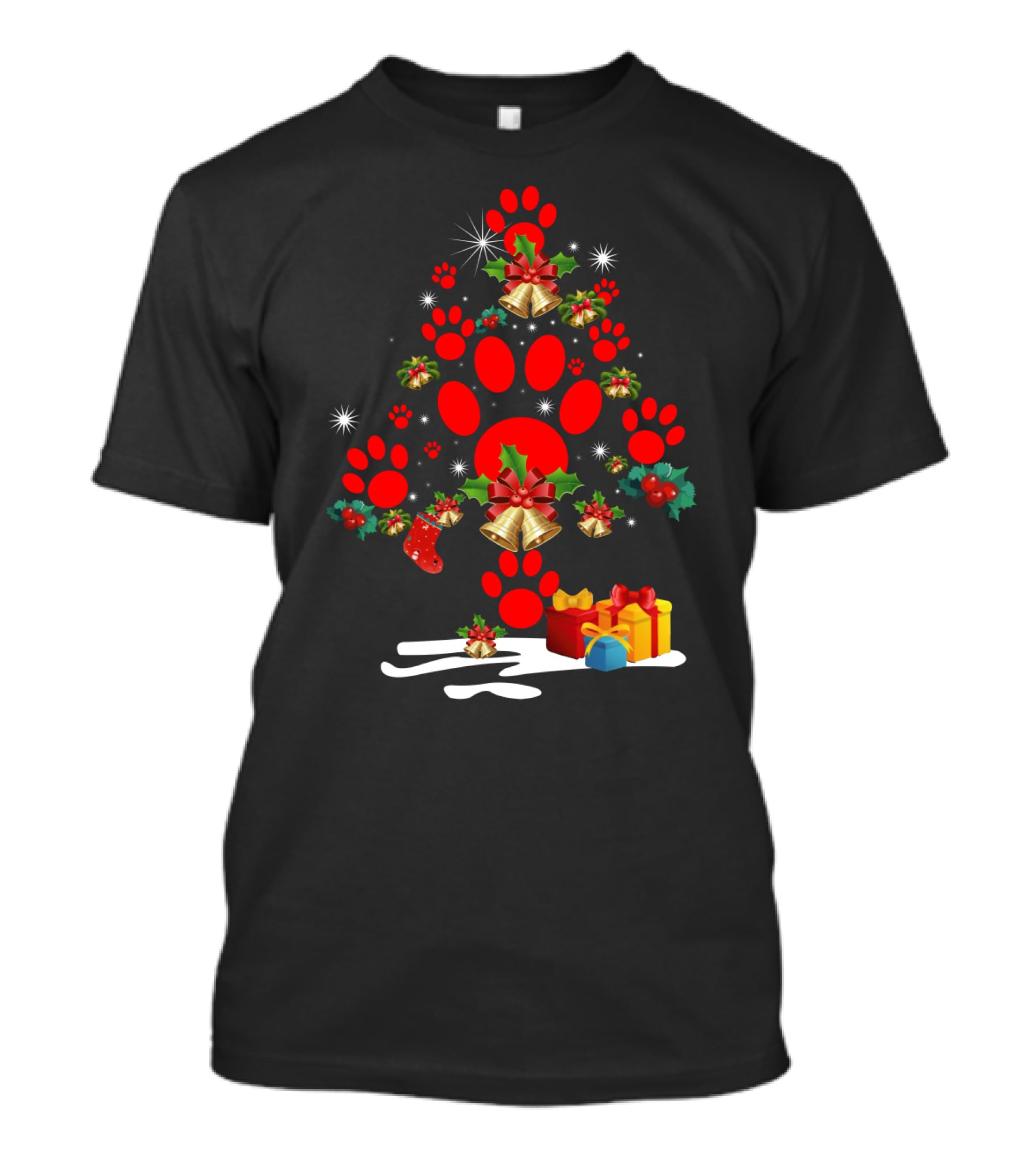 Dog Paw Christmas Tree With Bells And Holly T-Shirt