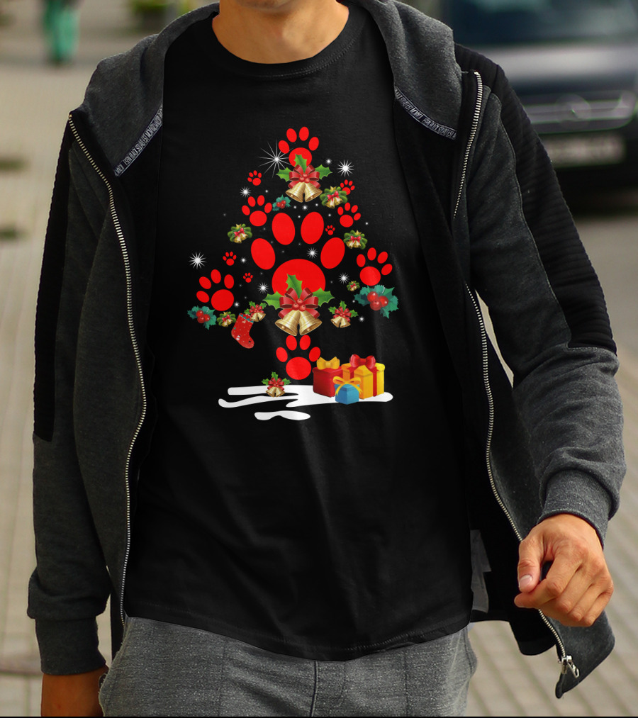 Dog Paw Christmas Tree With Bells And Holly T-Shirt