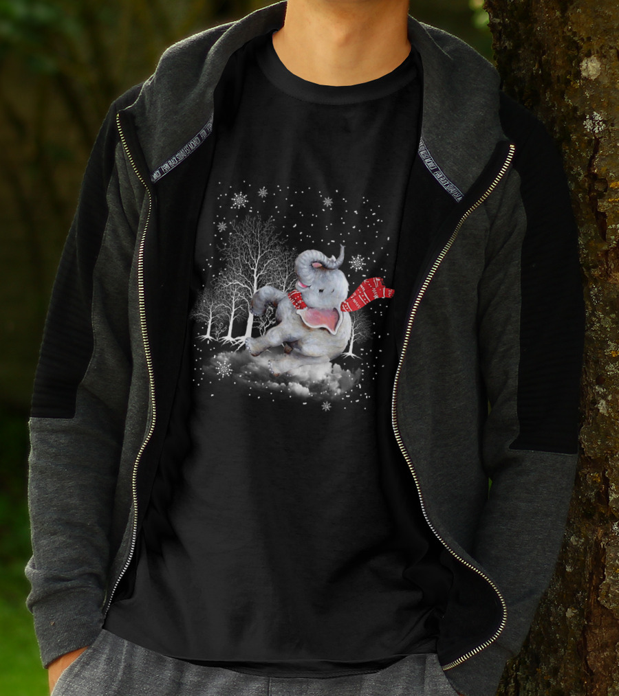 Elephant Christmas Snowflake Scarf Winter Forest Scene T-Shirt