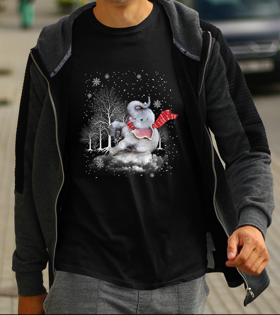Elephant Christmas Snowflake Scarf Winter Forest Scene T-Shirt