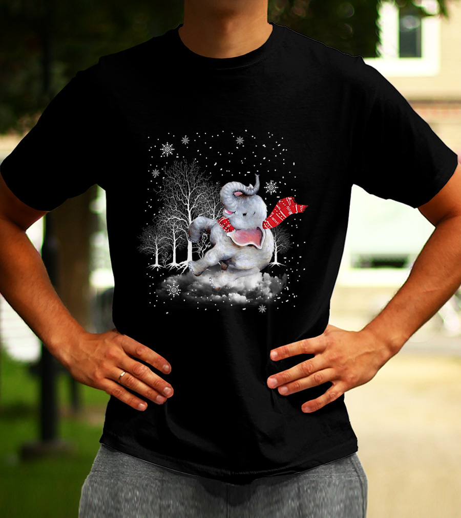 Elephant Christmas Snowflake Scarf Winter Forest Scene T-Shirt