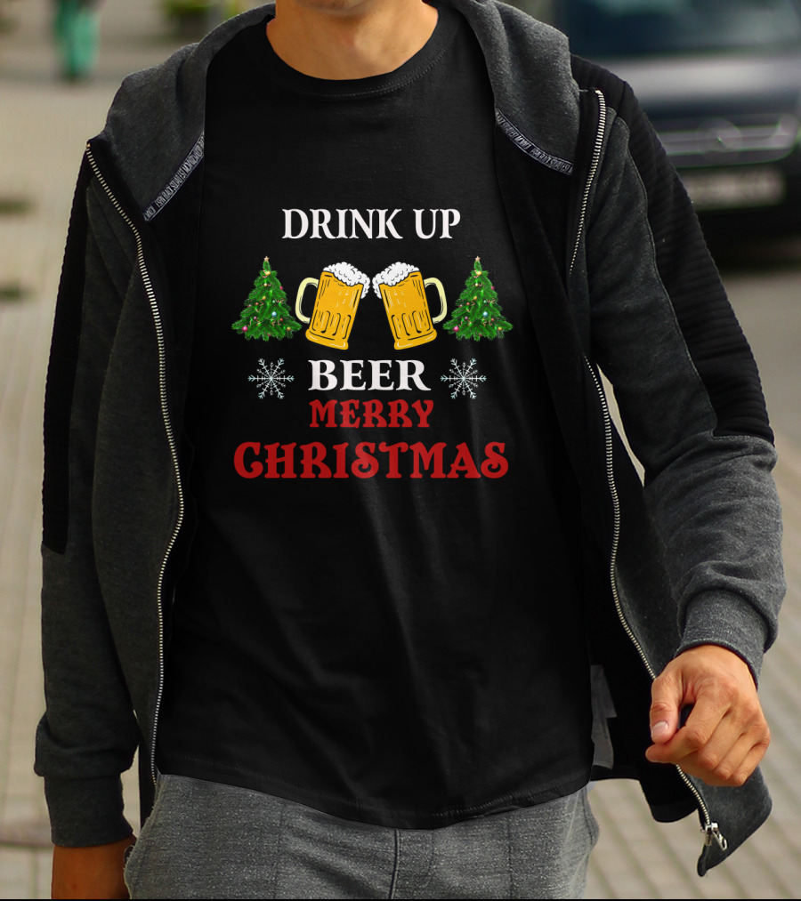 Drink Up Beer Merry Christmas T-Shirt