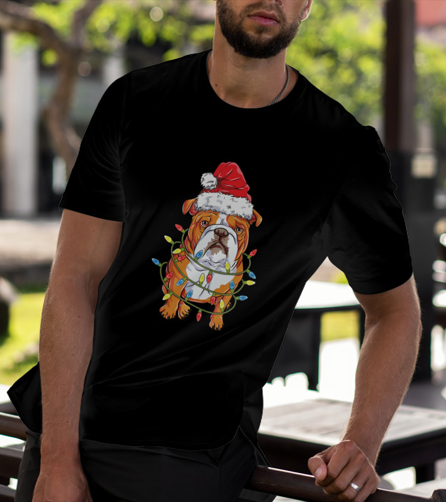 English Bulldog Christmas Santa Hat Festive Lights T-Shirt