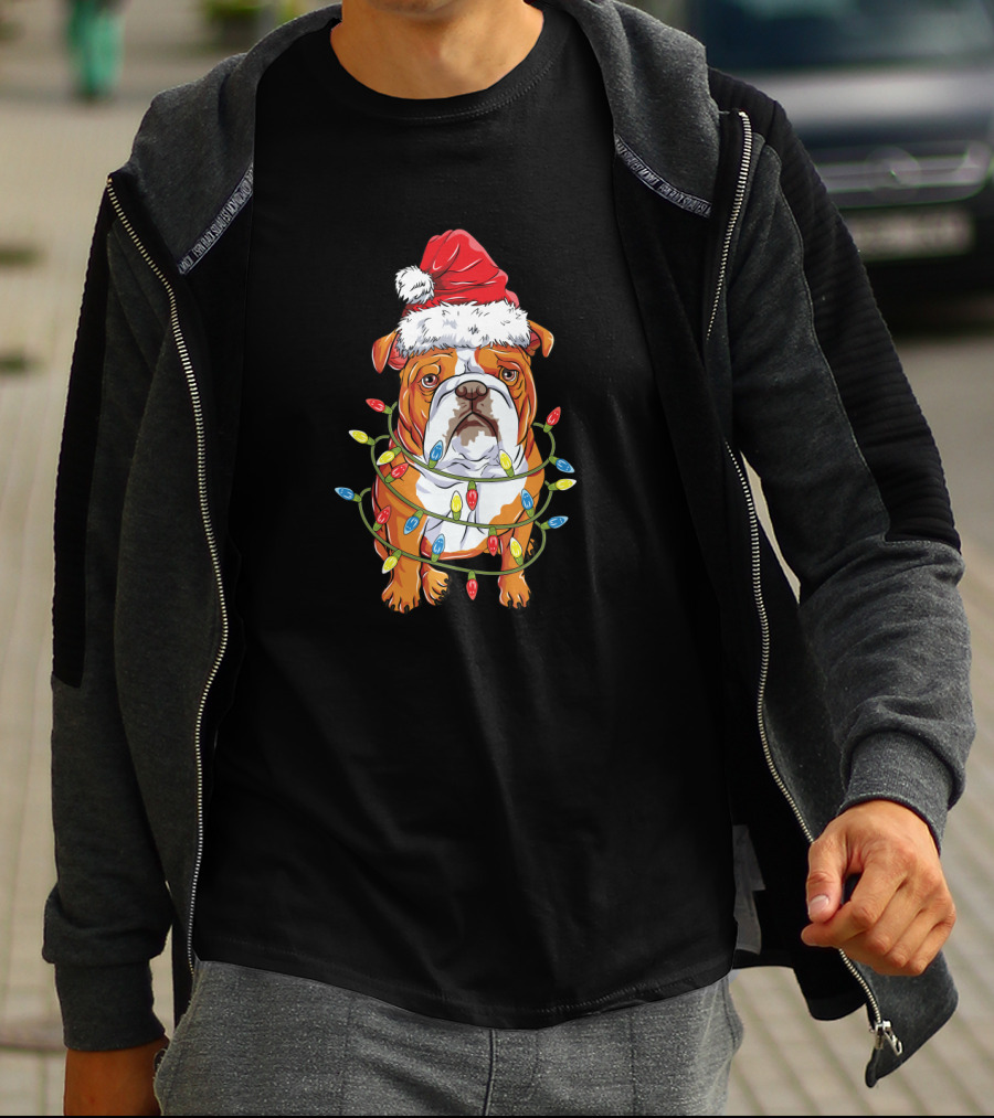English Bulldog Christmas Santa Hat Festive Lights T-Shirt