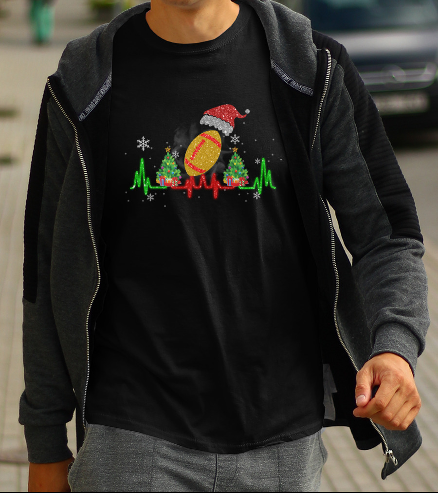 Christmas Football Heartbeat With Santa Hat And Trees T-Shirt
