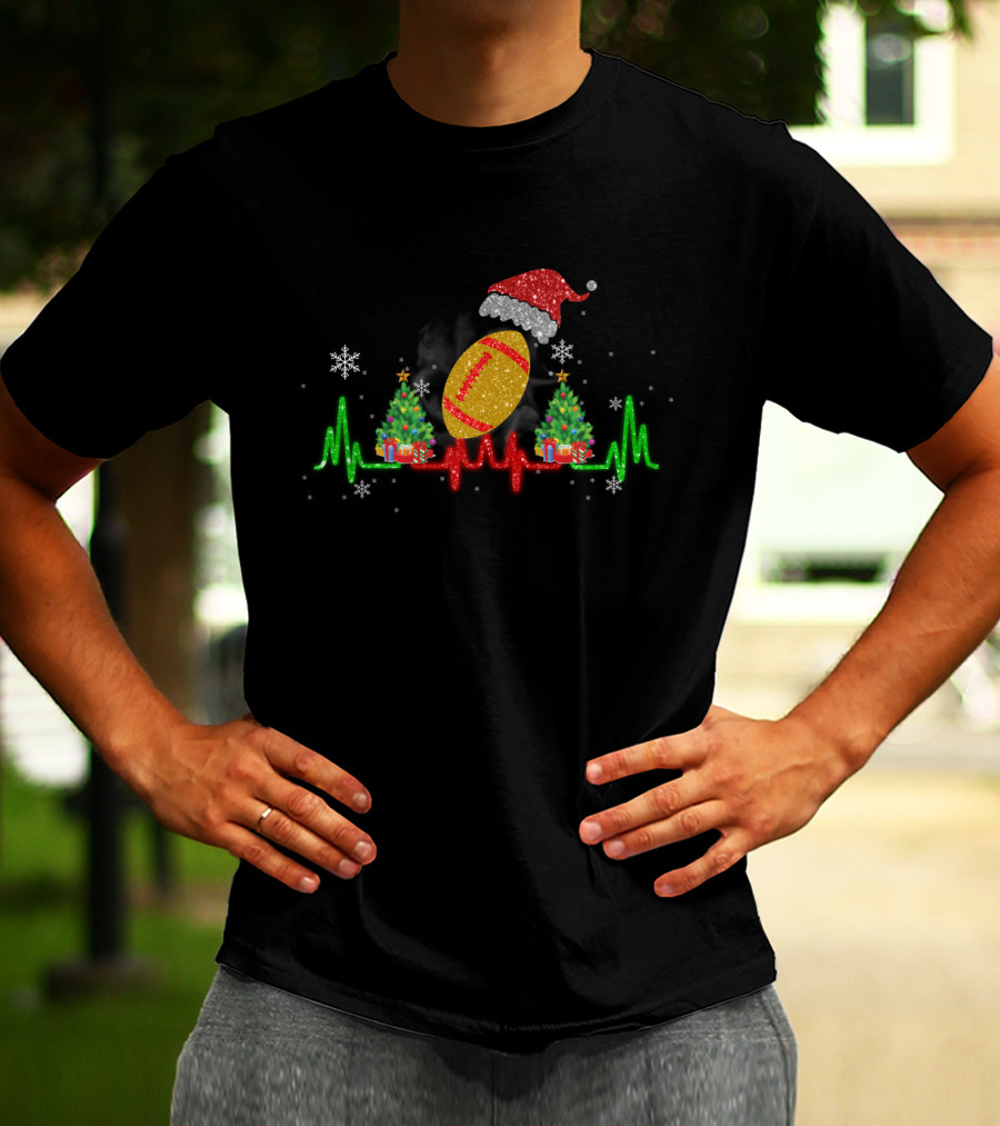 Christmas Football Heartbeat With Santa Hat And Trees T-Shirt