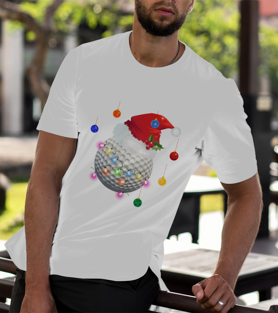 Christmas Golf Ball Santa Hat Holiday Lights T-Shirt