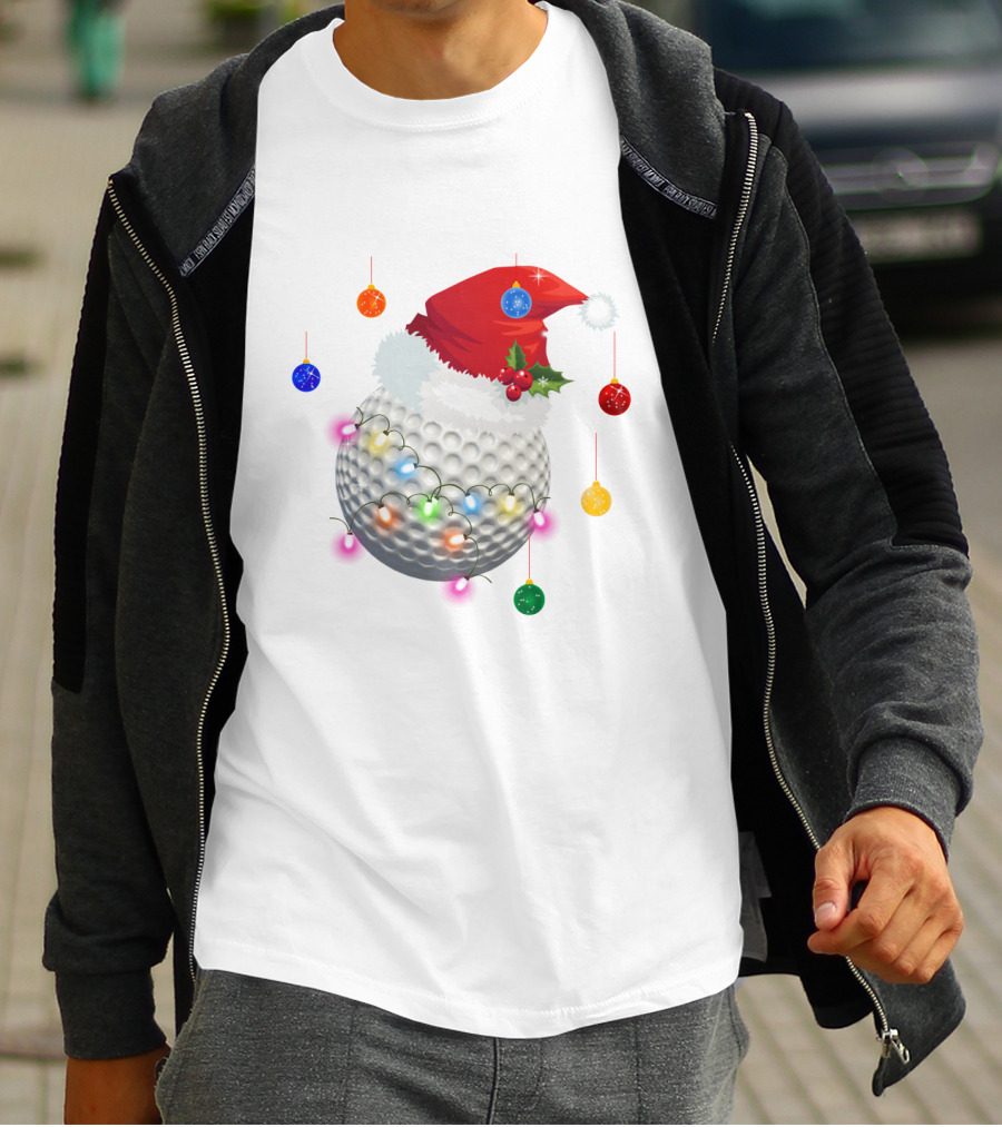 Christmas Golf Ball Santa Hat Holiday Lights T-Shirt