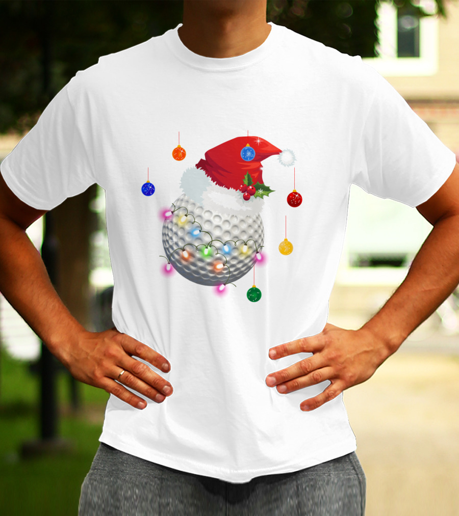 Christmas Golf Ball Santa Hat Holiday Lights T-Shirt