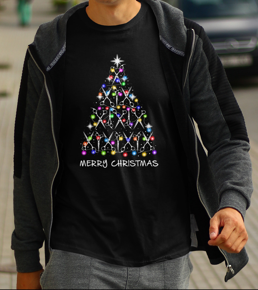 Merry Christmas Tree With Hairstylist Scissors Lights T-Shirt