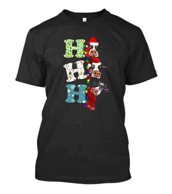 Hohoho Christmas Cow Santa Hat Scarf Lights T-Shirt