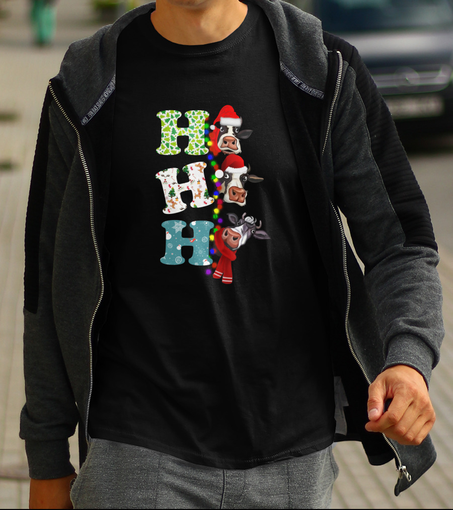 Hohoho Christmas Cow Santa Hat Scarf Lights T-Shirt