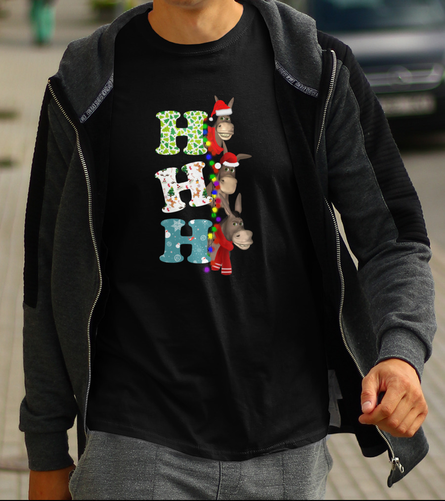 Hohoho Christmas Donkey With Santa Hats And Colorful Lights T-Shirt