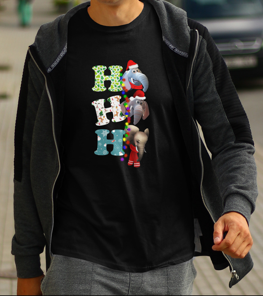 Ho Ho Ho Christmas Elephants Santa Hats And Holiday Lights T-Shirt