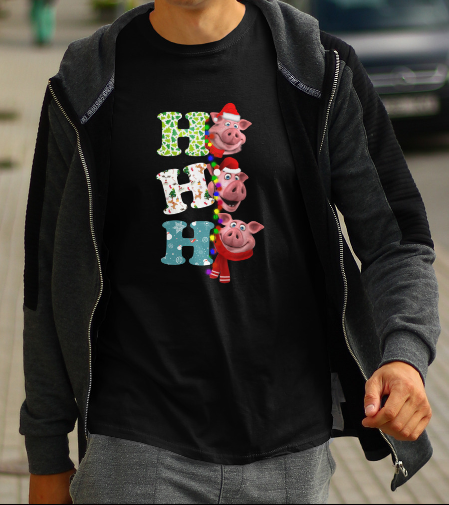 Hohoho Pig Christmas Lights Santa Hat Scarf Playful Holiday Hollysnowflakes T-Shirt