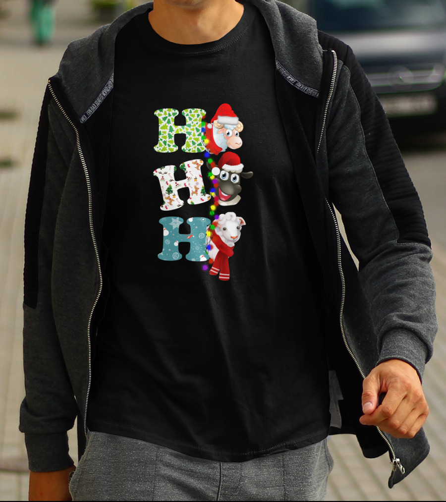Hohoho Sheep Christmas Santa Lights And Festive Hats T-Shirt