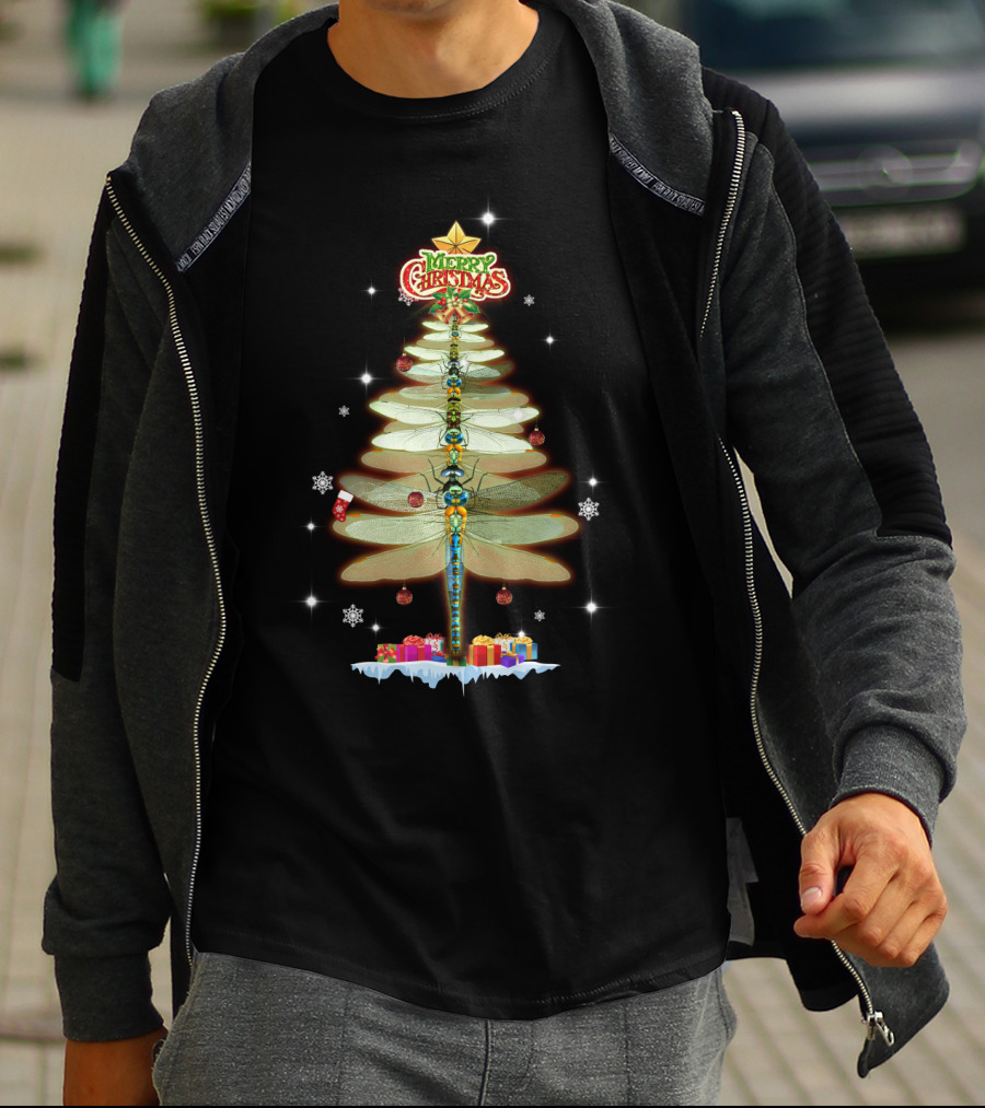 Merry Christmas Dragonfly Tree With Ornaments And Presents T-Shirt