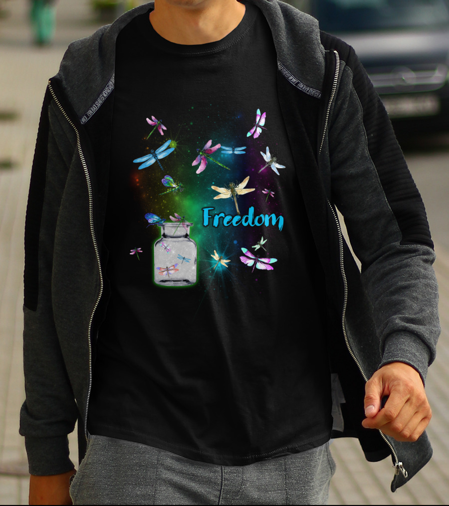 Freedom Dragonflies In A Jar Burst Of Colorful Flight T-Shirt