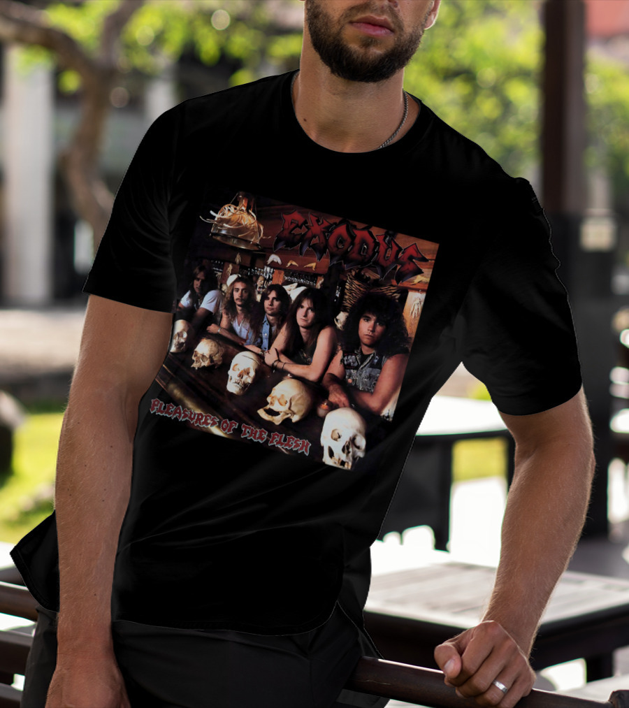 Exodus Pleasures Of The Flesh Album Cover With Band Members And Skulls T-Shirt