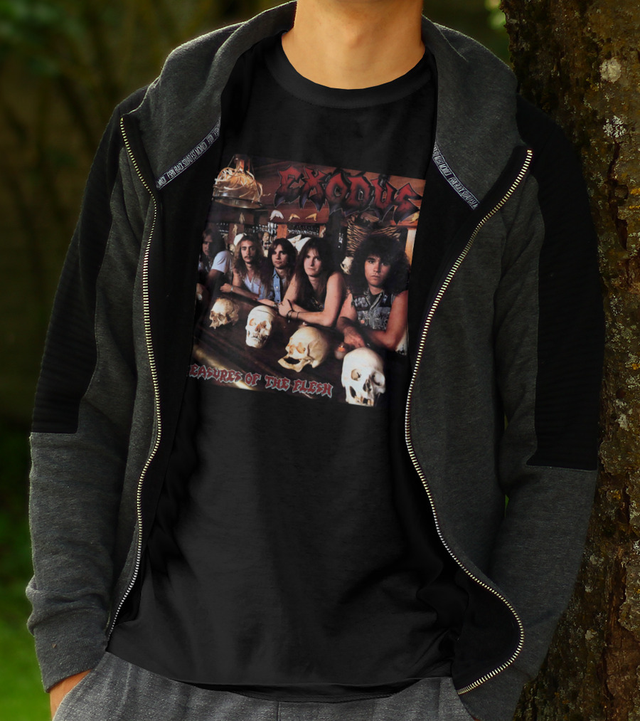 Exodus Pleasures Of The Flesh Album Cover With Band Members And Skulls T-Shirt