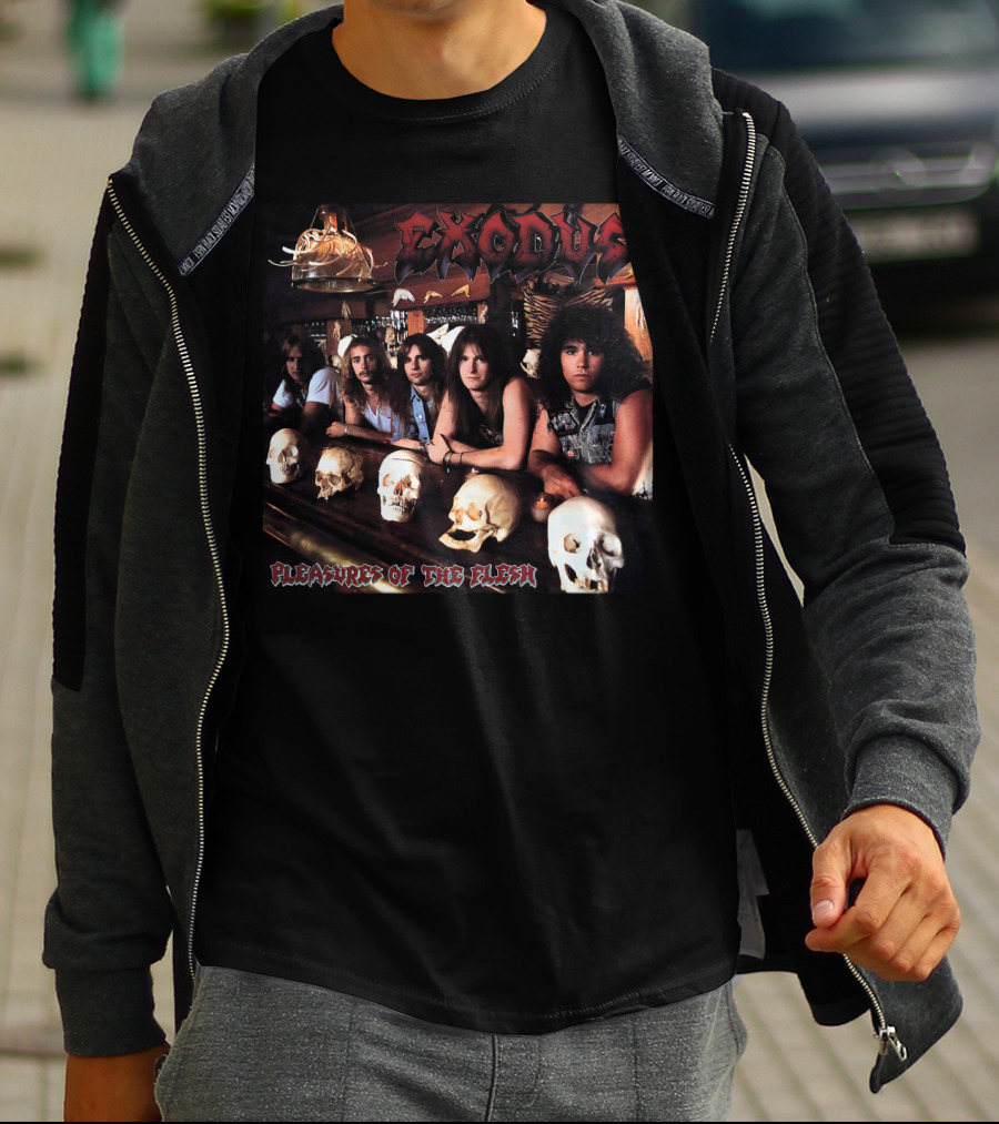 Exodus Pleasures Of The Flesh Album Cover With Band Members And Skulls T-Shirt