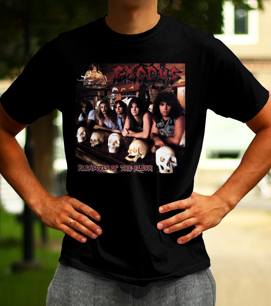 Exodus Pleasures Of The Flesh Album Cover With Band Members And Skulls T-Shirt