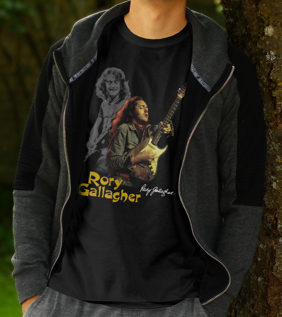 Rory Gallagher Playing Electric Guitar With Signature T-Shirt