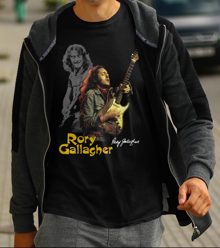 Rory Gallagher Playing Electric Guitar With Signature T-Shirt