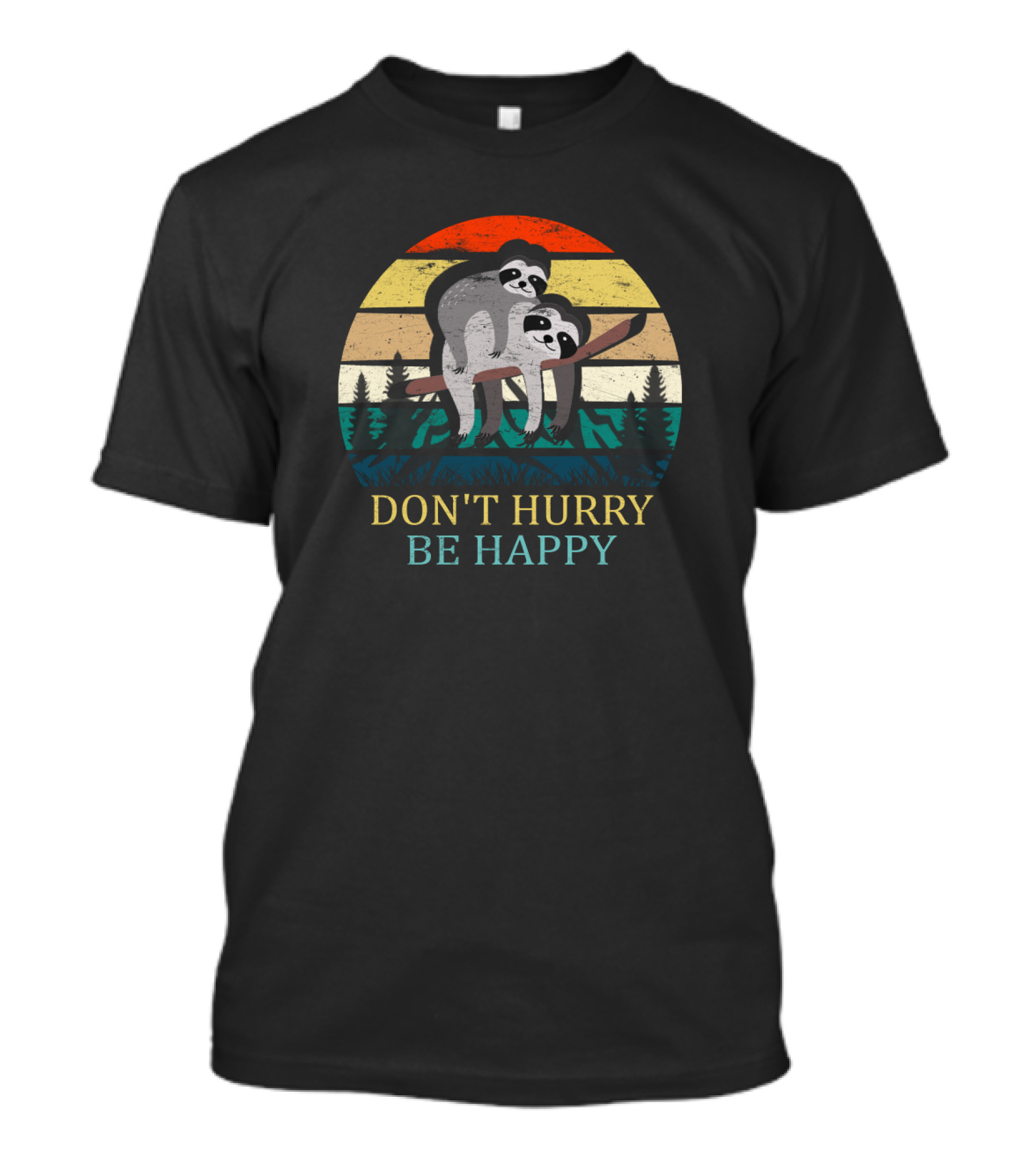 Retro Sloth Hiking Team Don't Hurry Be Happy Vintage Sunset Stripes Forest T-Shirt