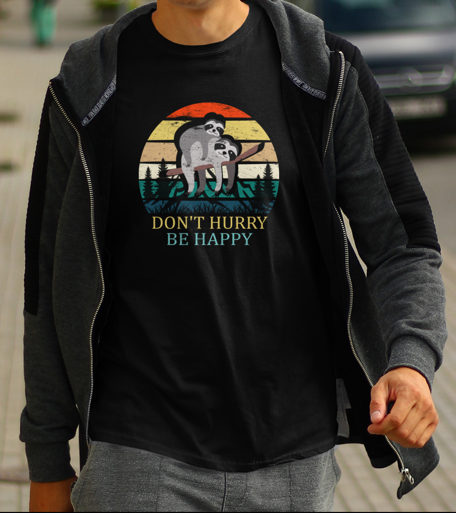 Retro Sloth Hiking Team Don't Hurry Be Happy Vintage Sunset Stripes Forest T-Shirt