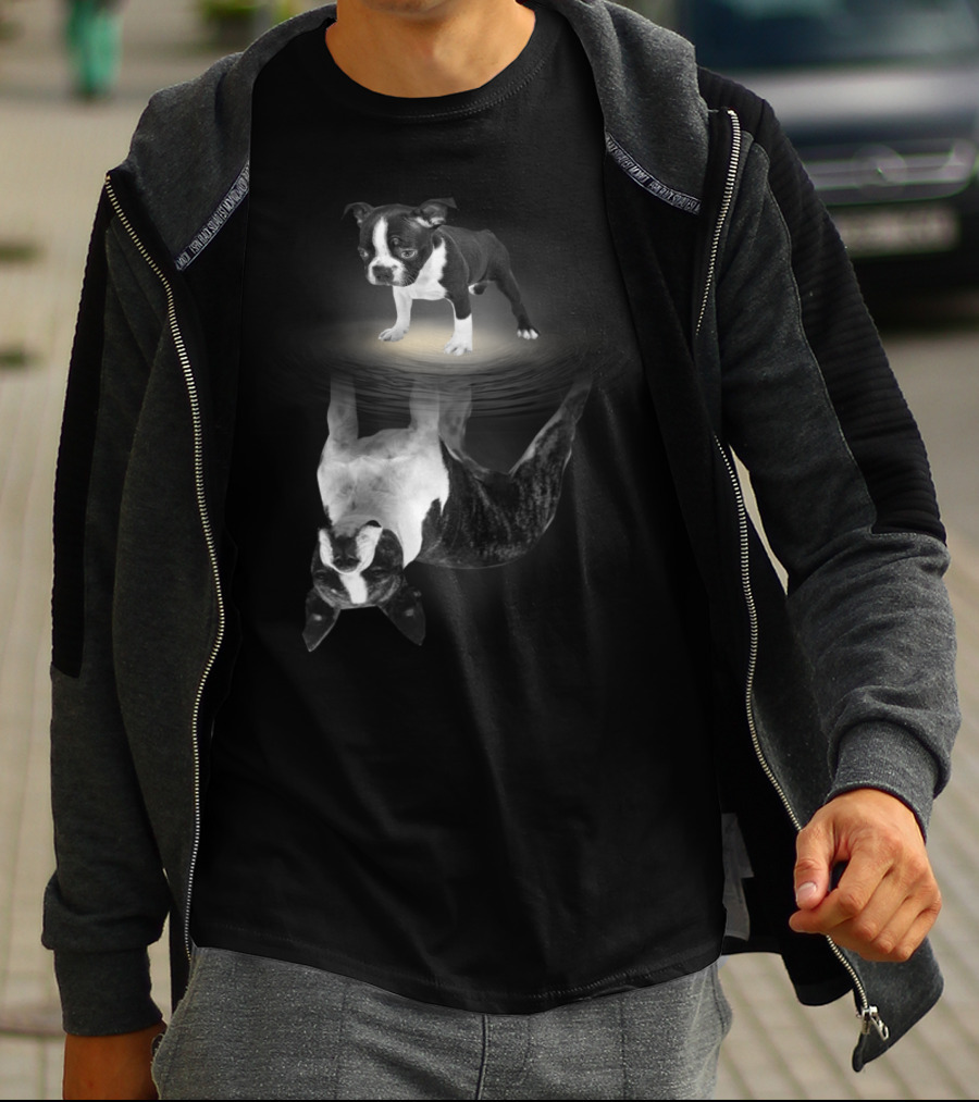Bostie Mom Boston Terrier Reflections In Water With Puppy T-Shirt