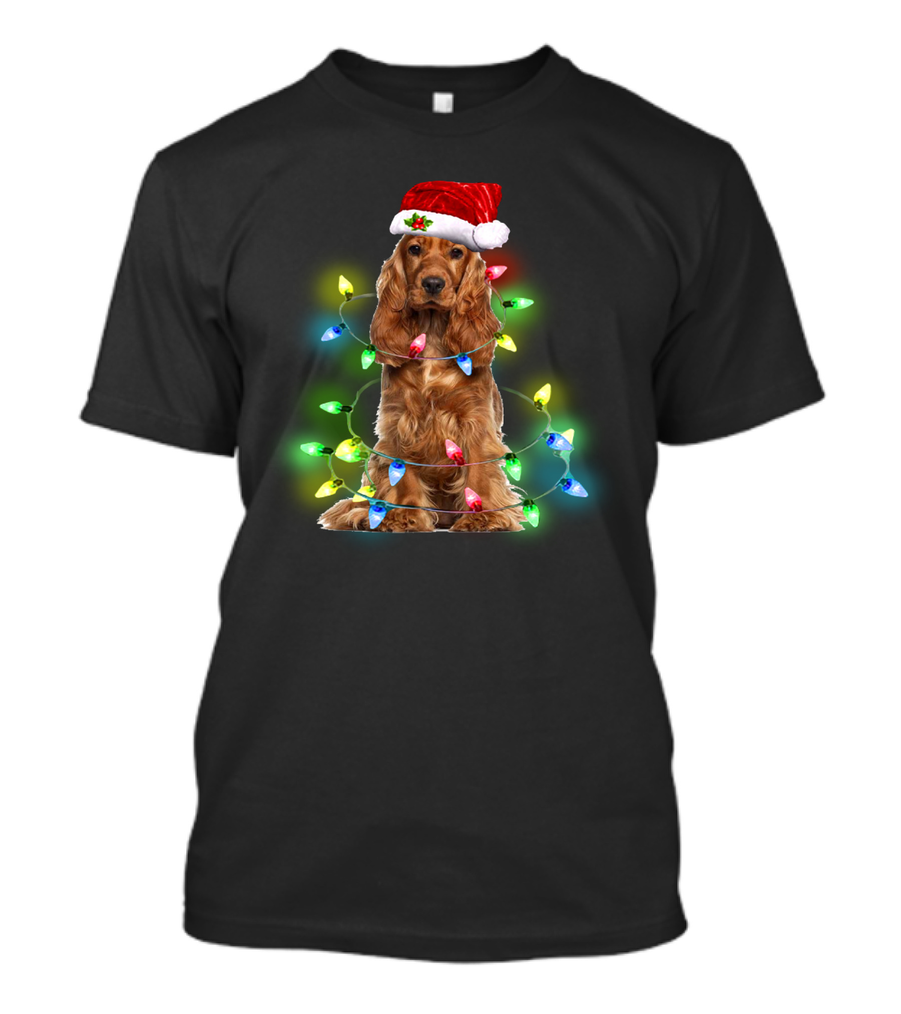 Cocker Spaniel Christmas Santa Hat Wrapped In Colorful Holiday Lights T-Shirt