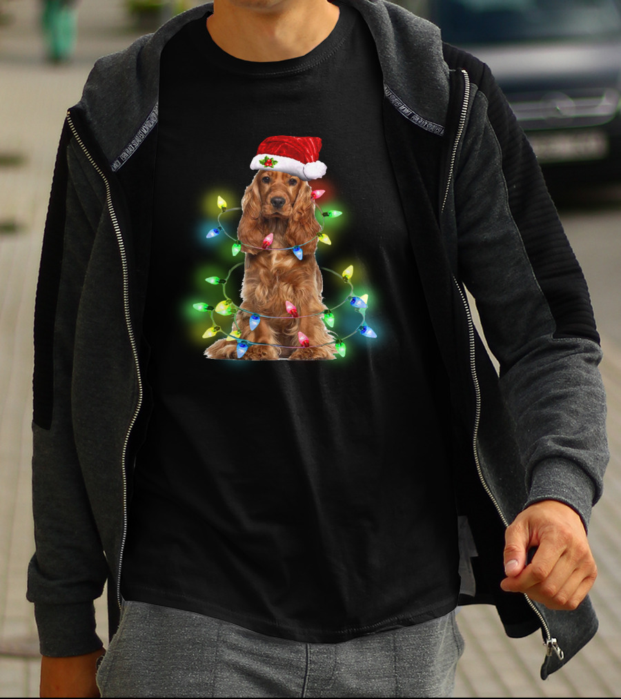 Cocker Spaniel Christmas Santa Hat Wrapped In Colorful Holiday Lights T-Shirt