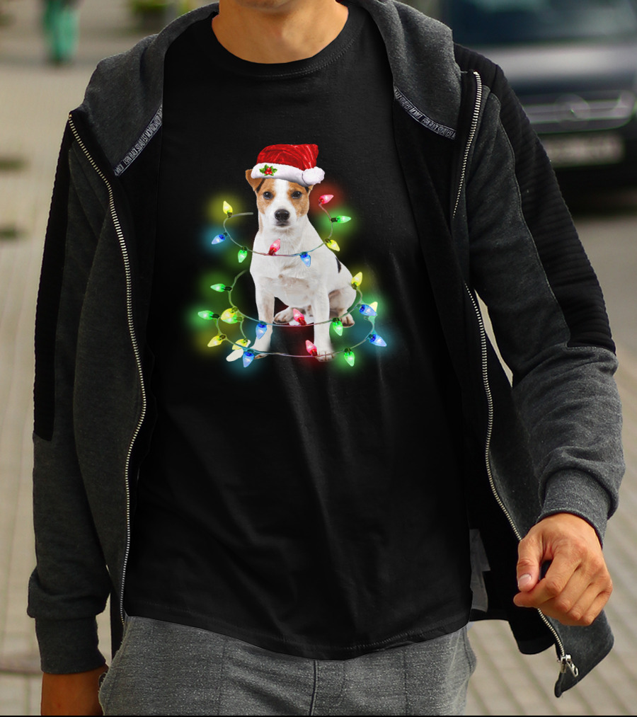 Jack Russell Terrier Holiday Lights Festive Santa Hat T-Shirt
