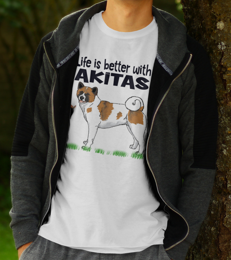 Life Is Better With Akitas Illustrated With Butterfly And Dog T-Shirt