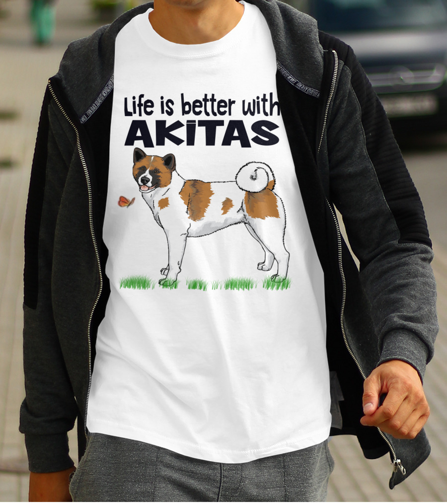 Life Is Better With Akitas Illustrated With Butterfly And Dog T-Shirt