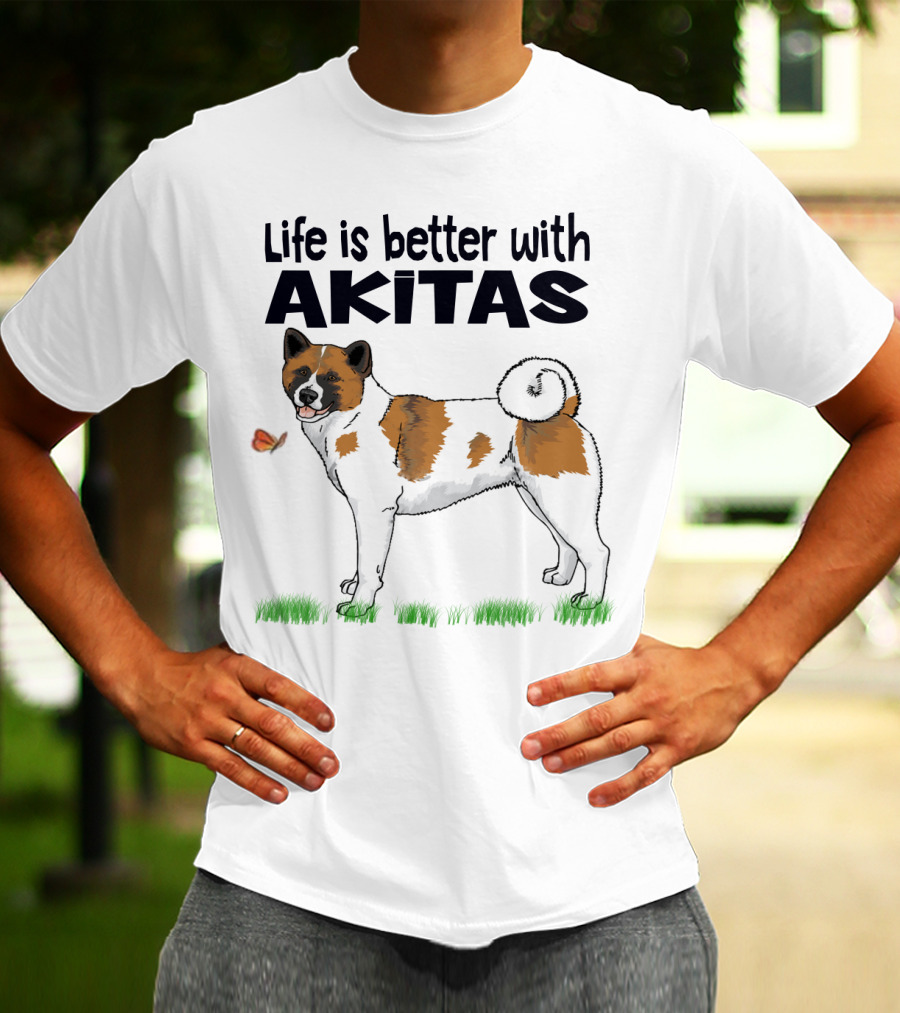 Life Is Better With Akitas Illustrated With Butterfly And Dog T-Shirt