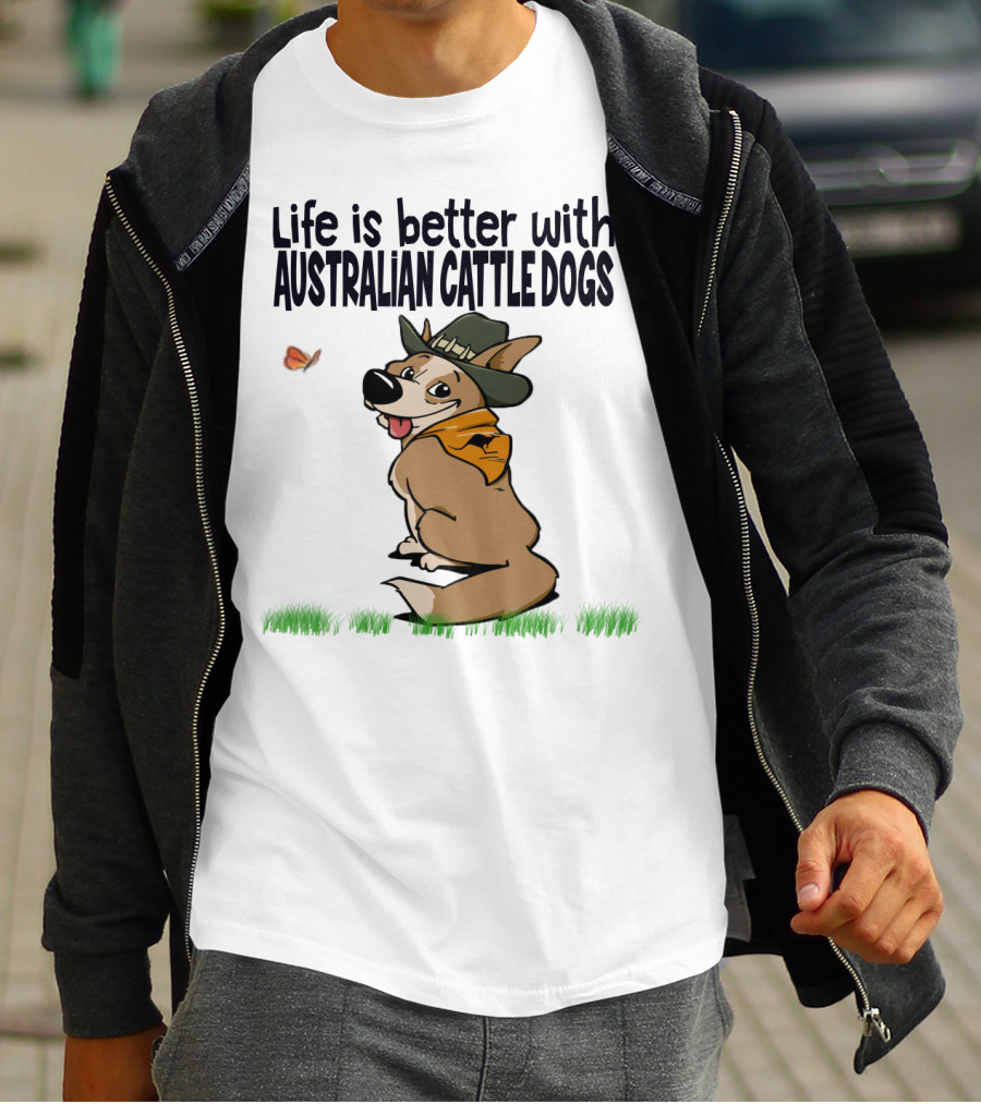 Life Is Better With Australian Cattle Dogs Playful Cartoon Wearing Hat And Scarf Sitting In Grass With Butterfly T-Shirt