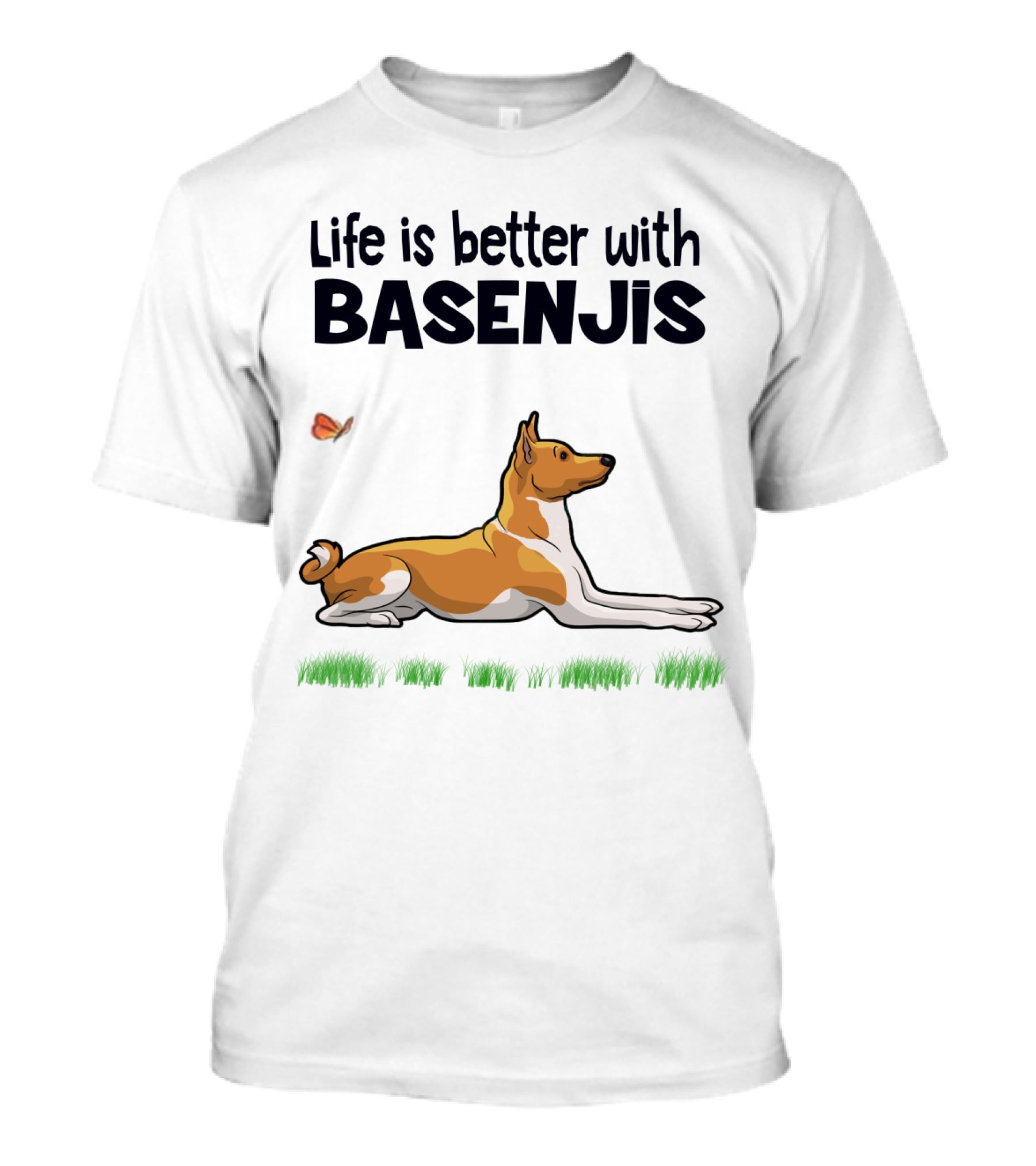 Life Is Better With Basenjis Dog 70s Retro Style Laying On Grass With Butterfly T-Shirt