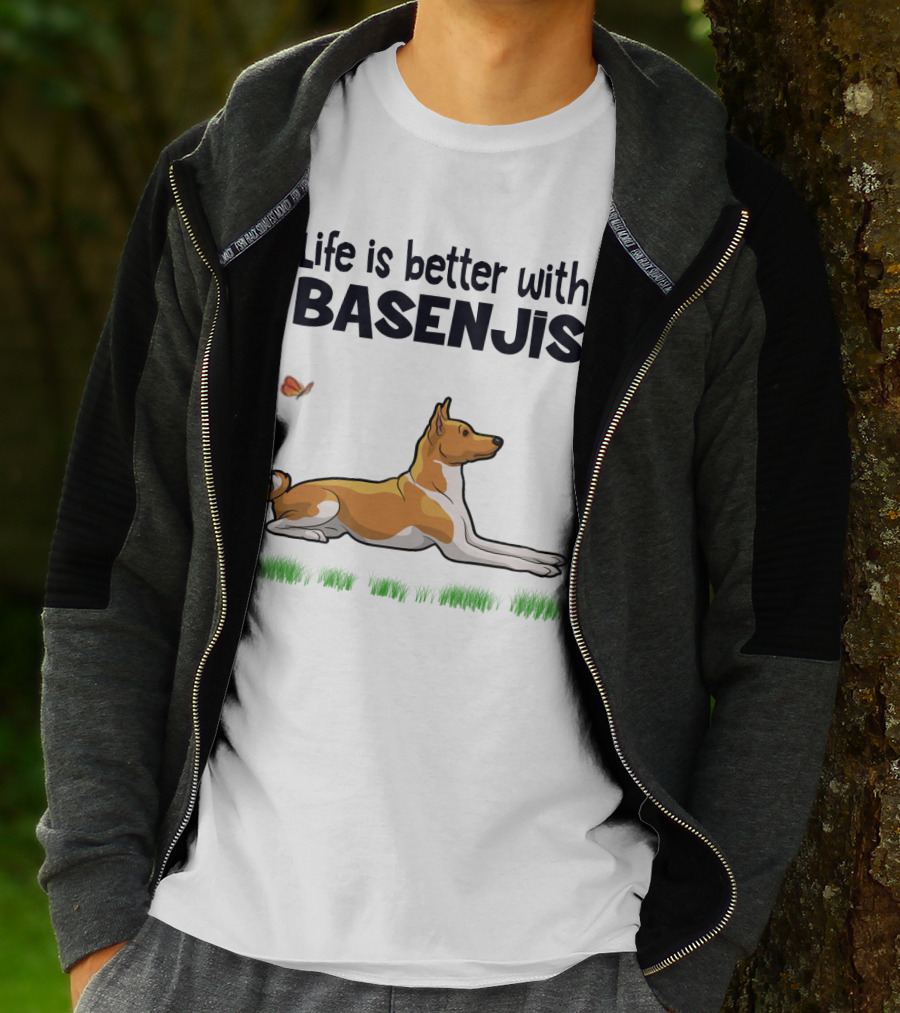Life Is Better With Basenjis Dog 70s Retro Style Laying On Grass With Butterfly T-Shirt