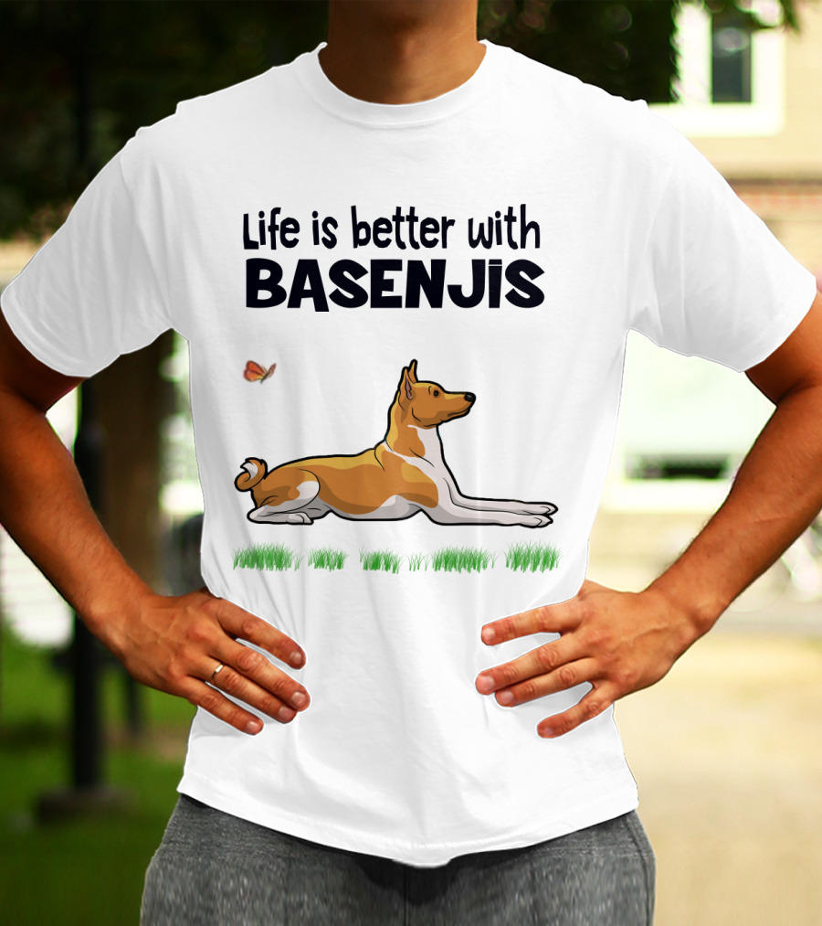 Life Is Better With Basenjis Dog 70s Retro Style Laying On Grass With Butterfly T-Shirt