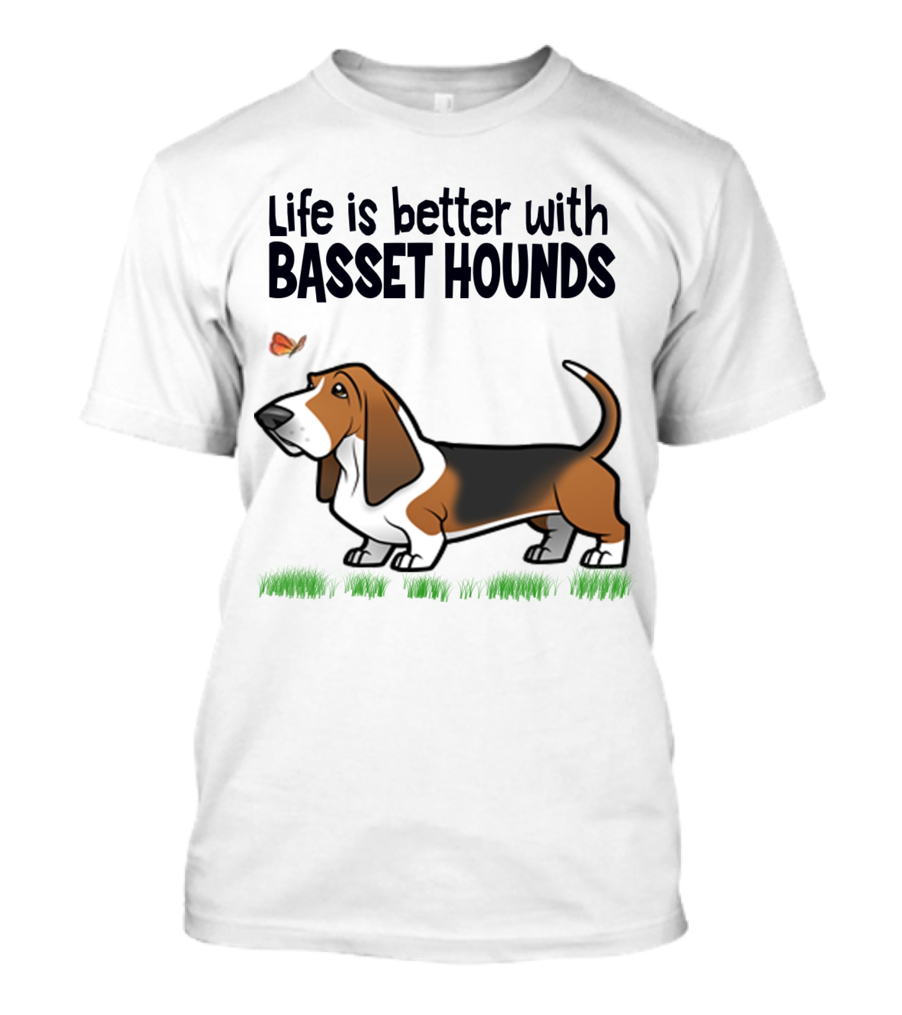 Life Is Better With Basset Hounds Butterfly And Dog Graphics On Grass T-Shirt